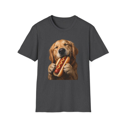 Golden Retriever Hot Dog T-Shirt — Cute Dog Eating Hotdog Graphic Tee