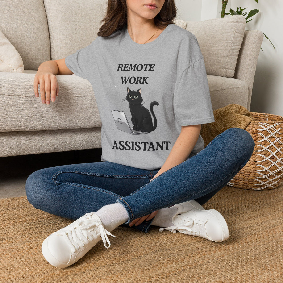Remote Work Assistant T-Shirt — Cute Black Cat Laptop Tee for WFH
