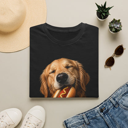 Golden Retriever Hot Dog T-Shirt — Cute Dog Eating Hotdog Graphic Tee