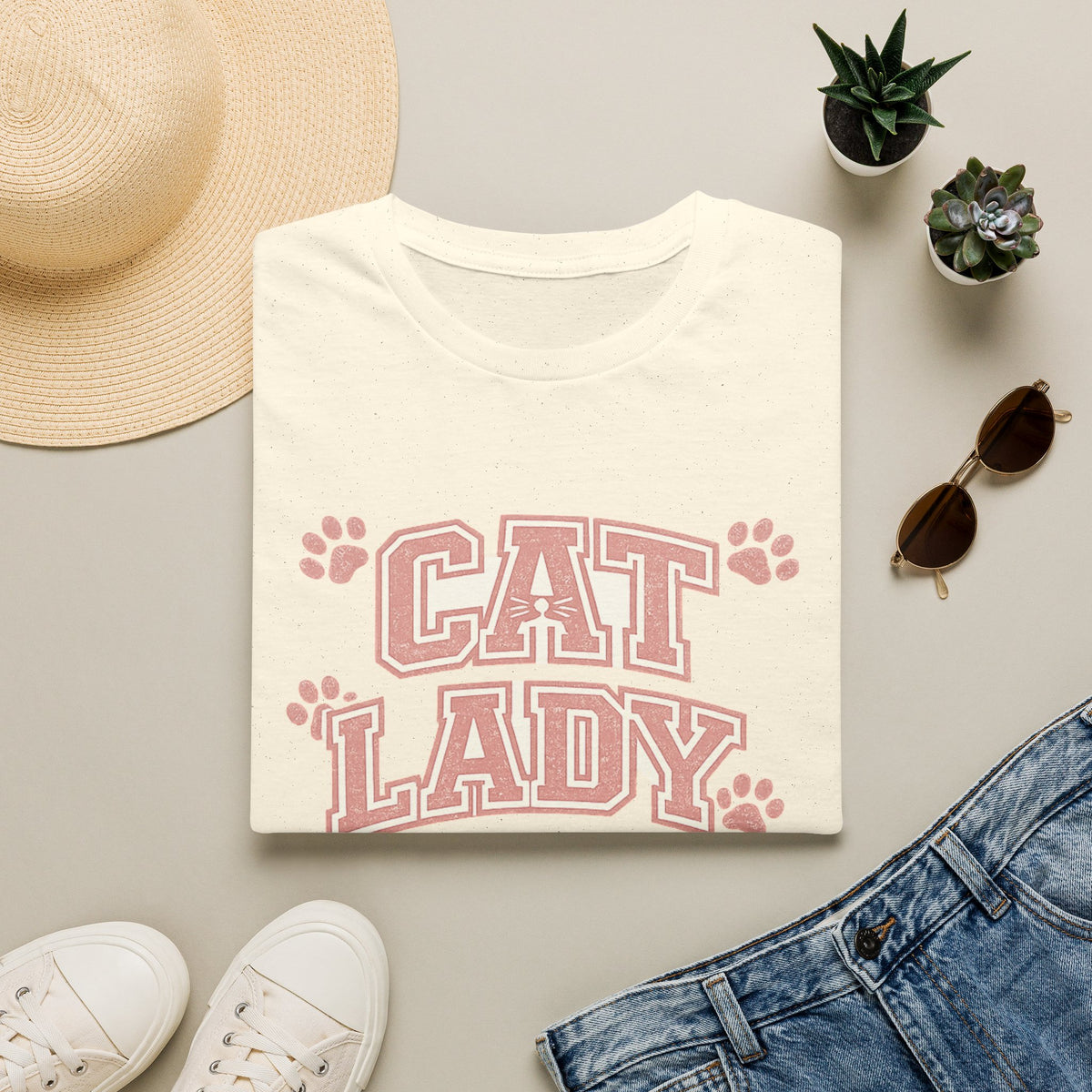 Cat Lady T-Shirt — Cute Pink Paw Print Graphic Tee for Cat Lovers