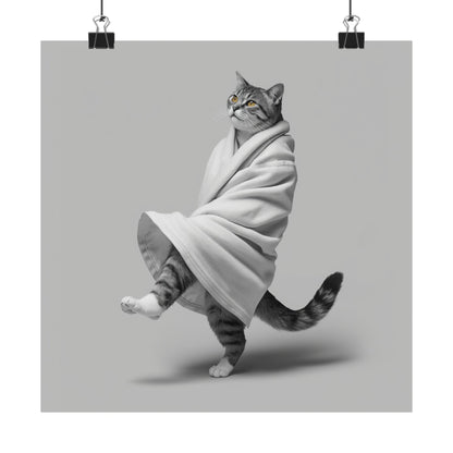 Digital download Dancing Cat Poster — Whimsical Cat Wrapped in Blanket Matte Print