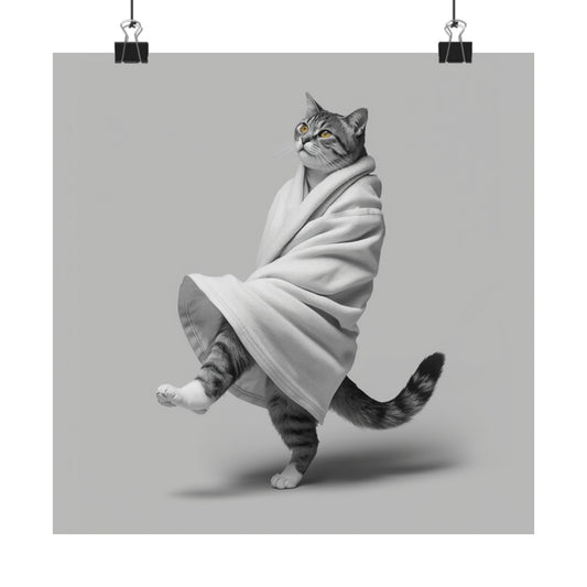 Digital download Dancing Cat Poster — Whimsical Cat Wrapped in Blanket Matte Print