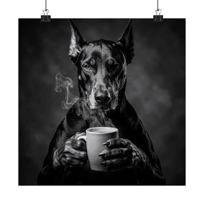 Doberman Coffee Poster — Black & White Matte Dog Art Print