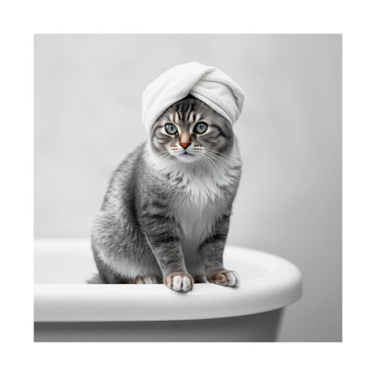 Digital download Cat Spa Poster — Cute Grey Cat with Towel on Bathtub Matte Vertical Art Print