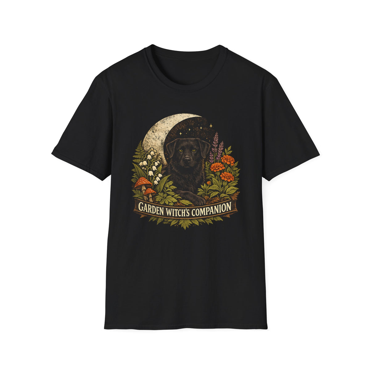 Witch’s Companion Black Dog T-Shirt — “Garden Witch’s Companion” Moon & Floral Tee