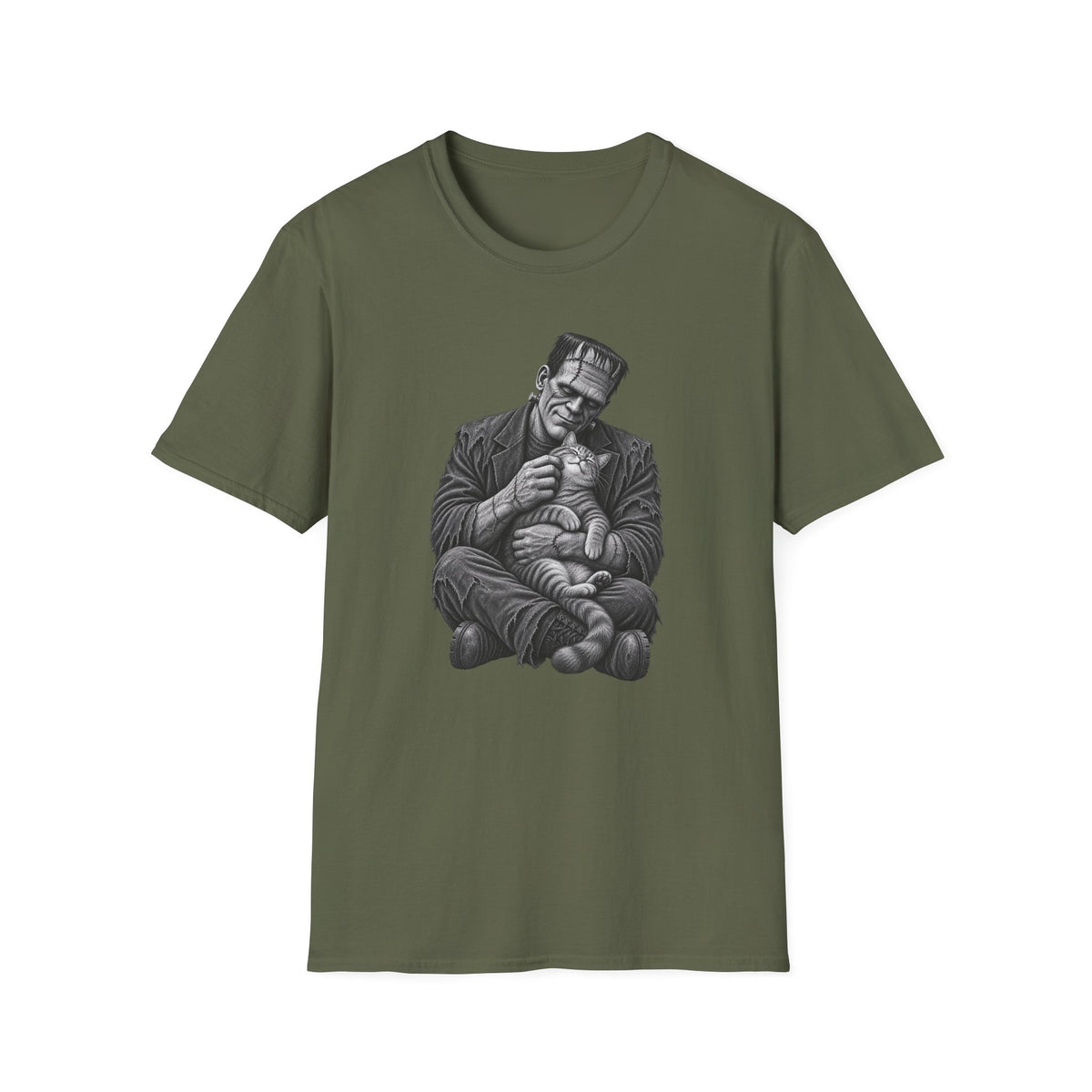 Frankenstein Holding Kitty T-Shirt — Cute Gothic Horror Tee