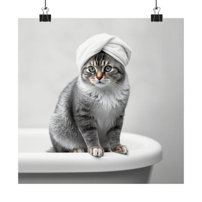 Digital download Cat Spa Poster — Cute Grey Cat with Towel on Bathtub Matte Vertical Art Print