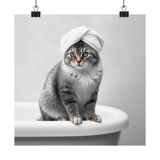 Digital download Cat Spa Poster — Cute Grey Cat with Towel on Bathtub Matte Vertical Art Print