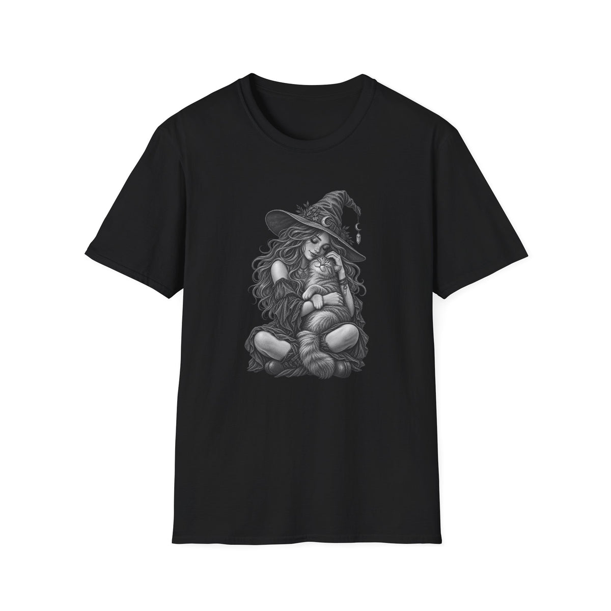 Witch and Cat Graphic T-Shirt — Cozy Gothic Halloween Tee