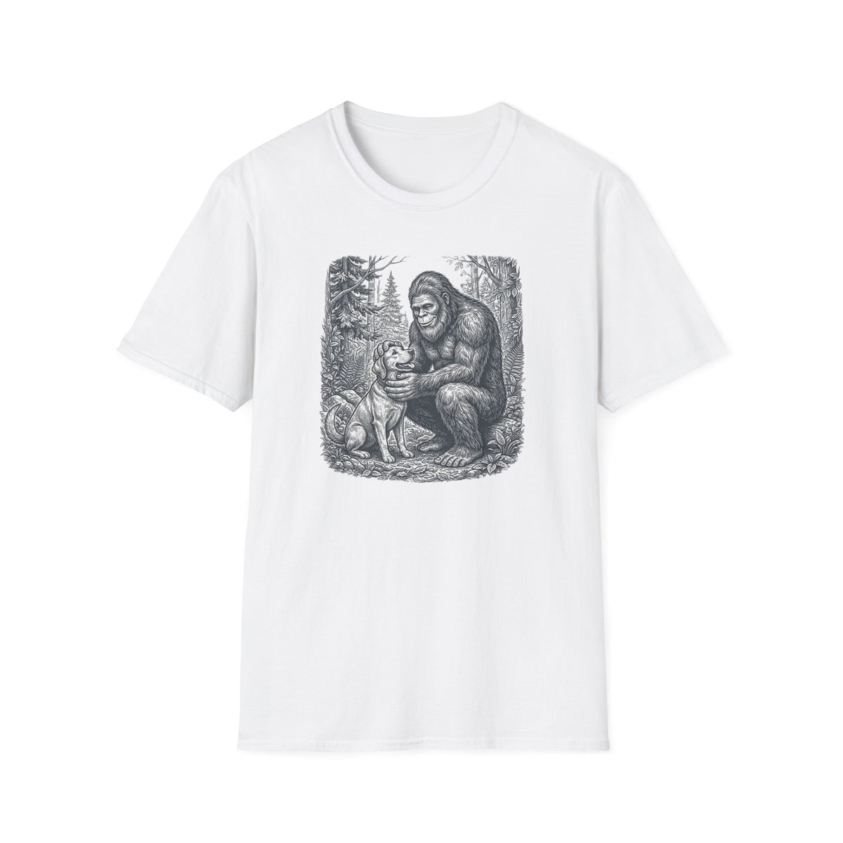 Bigfoot & Dog Graphic T-Shirt — Retro Wilderness Sasquatch Design
