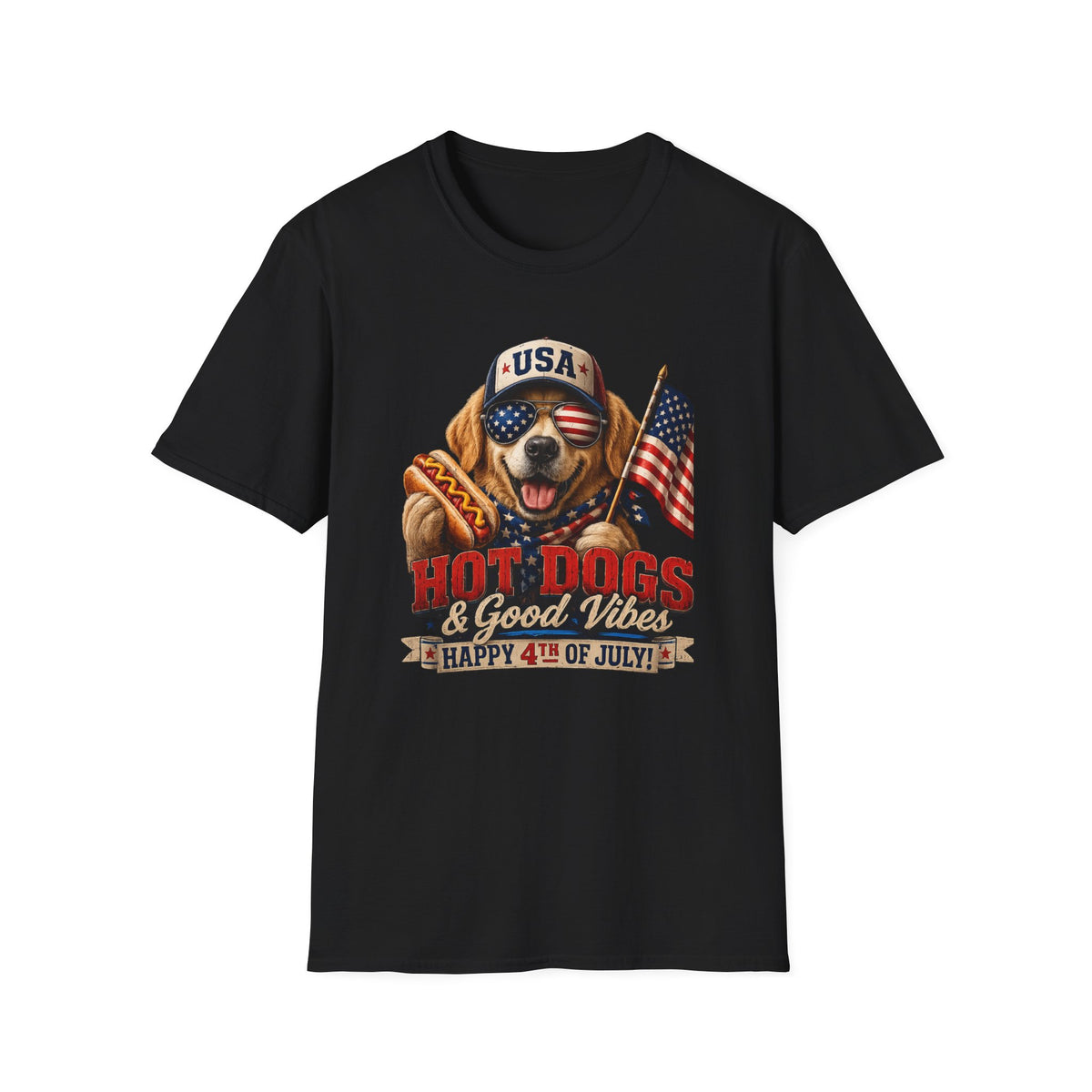 4th of July Dog T-Shirt — "Hot Dogs & Good Vibes" USA Flag Tee
