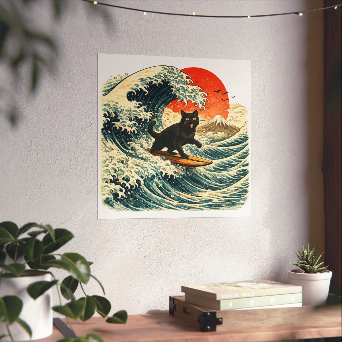 Surfing Black Cat Poster — Vintage Japanese Wave Art Print