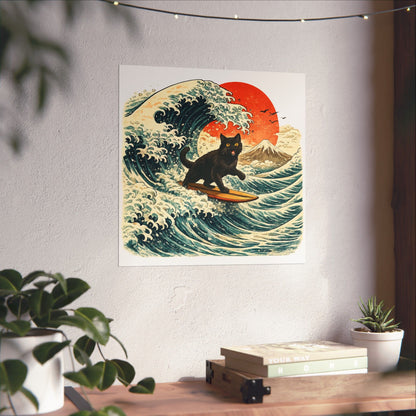 Surfing Black Cat Poster — Vintage Japanese Wave Art Print