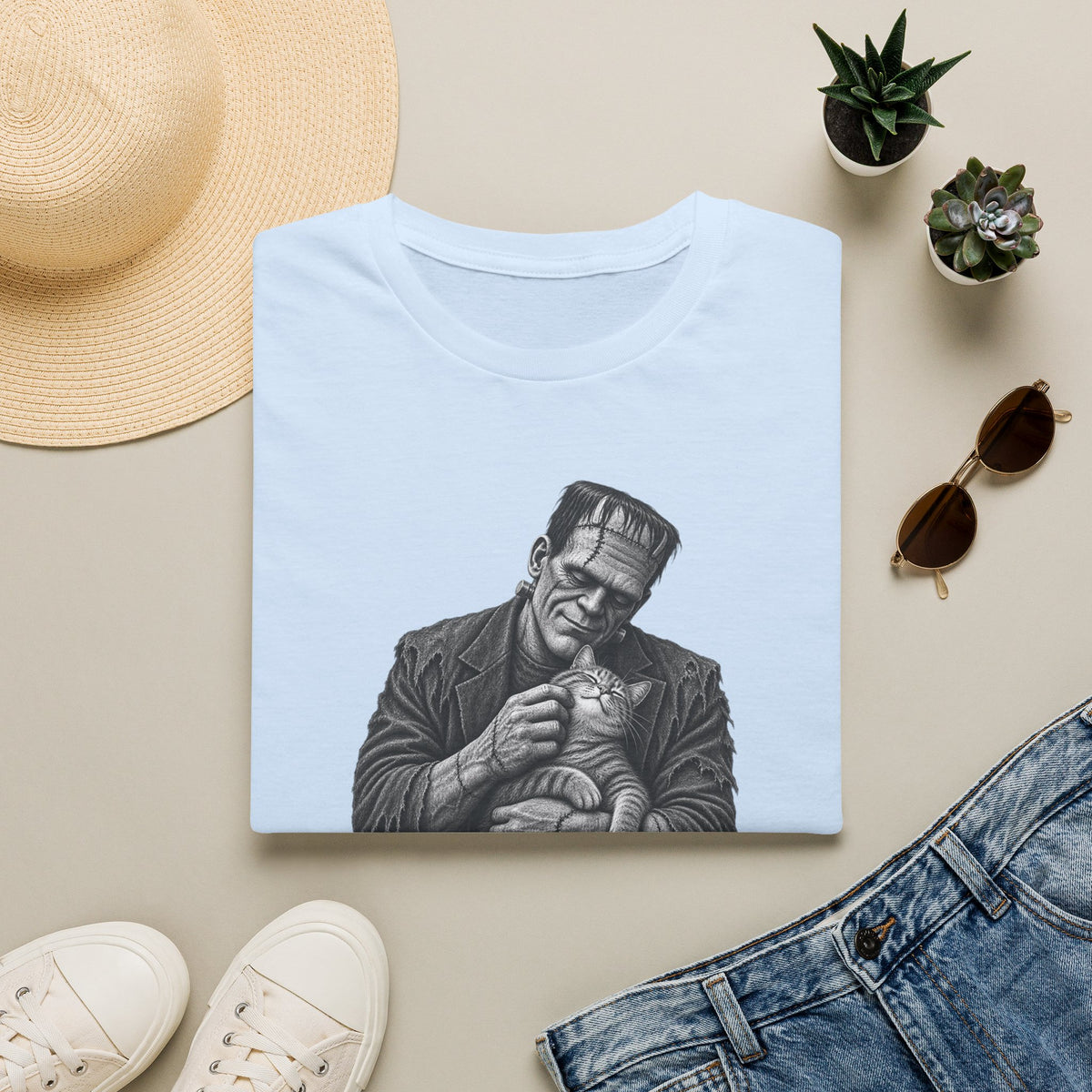 Frankenstein Holding Kitty T-Shirt — Cute Gothic Horror Tee