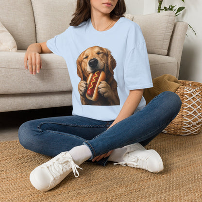 Golden Retriever Hot Dog T-Shirt — Cute Dog Eating Hotdog Graphic Tee