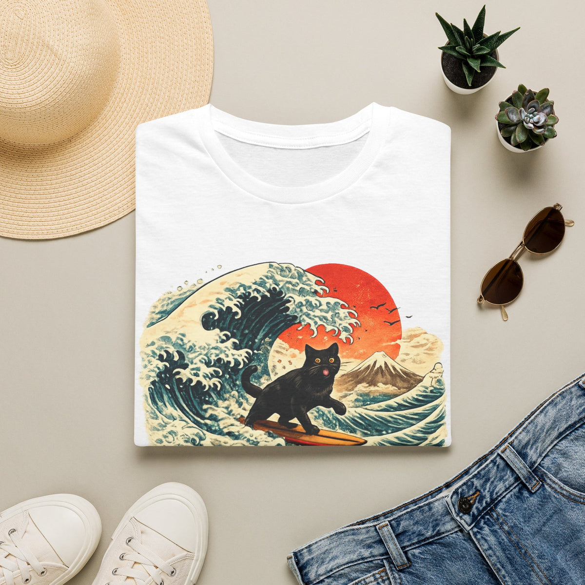Surfing Black Cat T-Shirt — Vintage Wave Sunset Tee