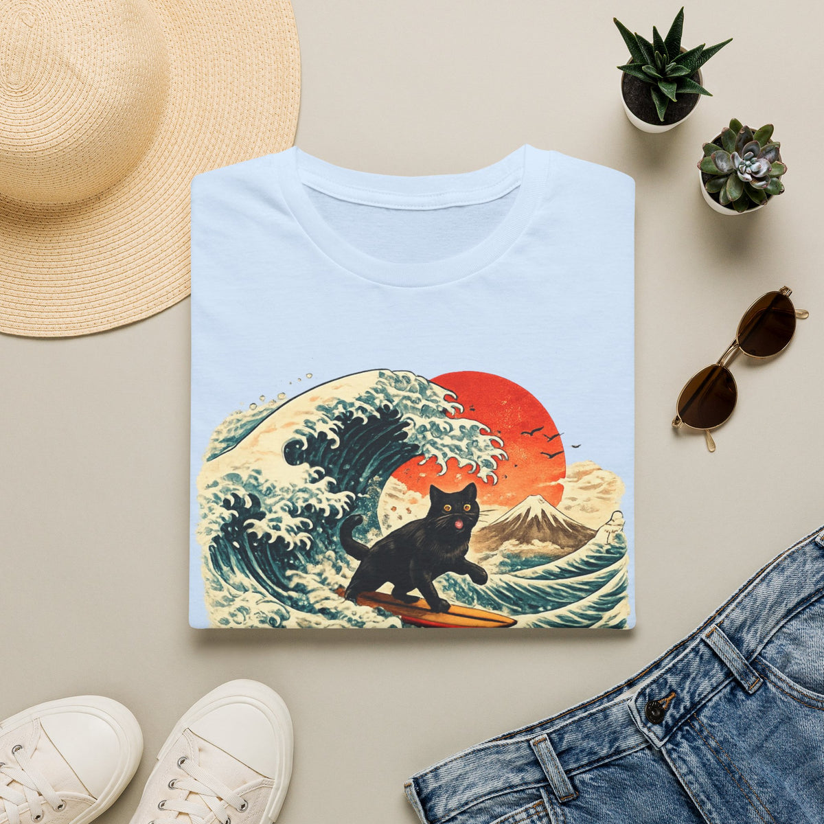 Surfing Black Cat T-Shirt — Vintage Wave Sunset Tee