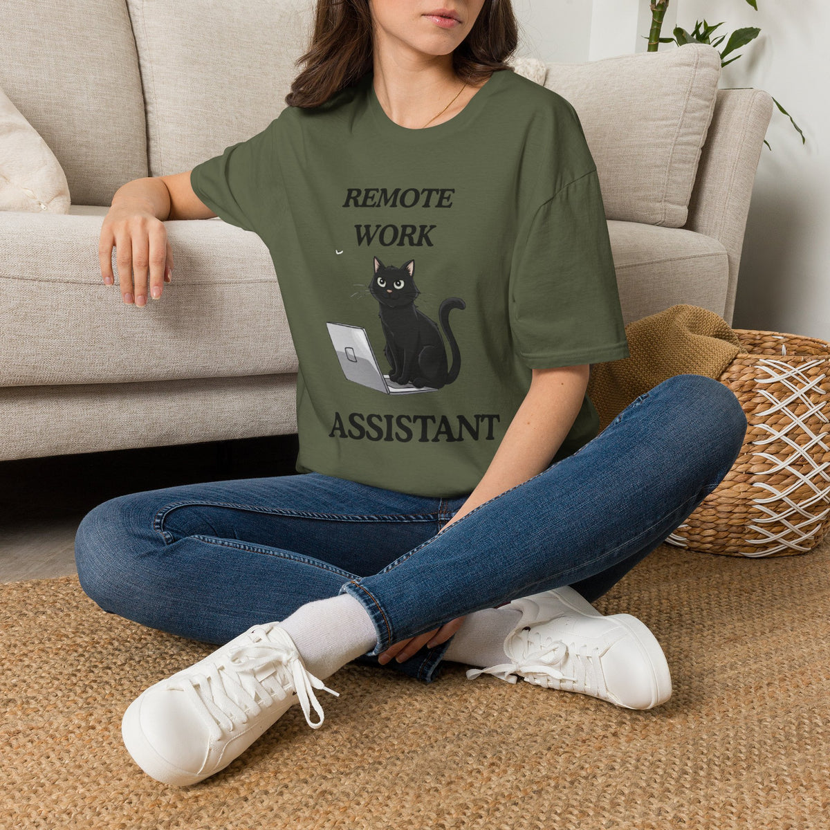 Remote Work Assistant T-Shirt — Cute Black Cat Laptop Tee for WFH