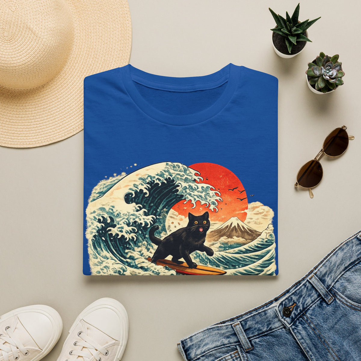 Surfing Black Cat T-Shirt — Vintage Wave Sunset Tee