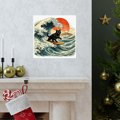 Surfing Black Cat Poster — Vintage Japanese Wave Art Print