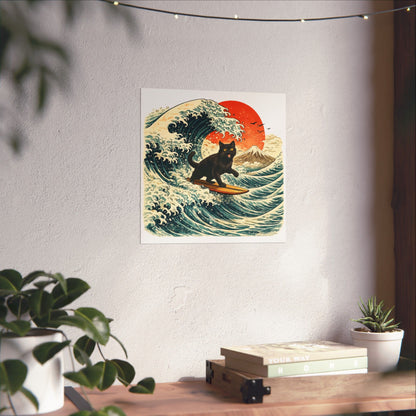 Surfing Black Cat Poster — Vintage Japanese Wave Art Print