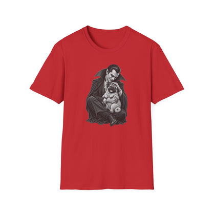 Vampire Holding Pug T‑Shirt — Gothic Cute Dog Tee