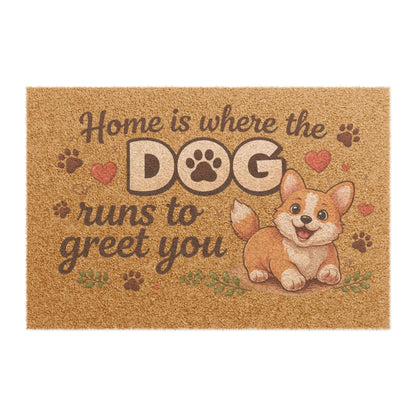 Doormat — dog runs to greet you