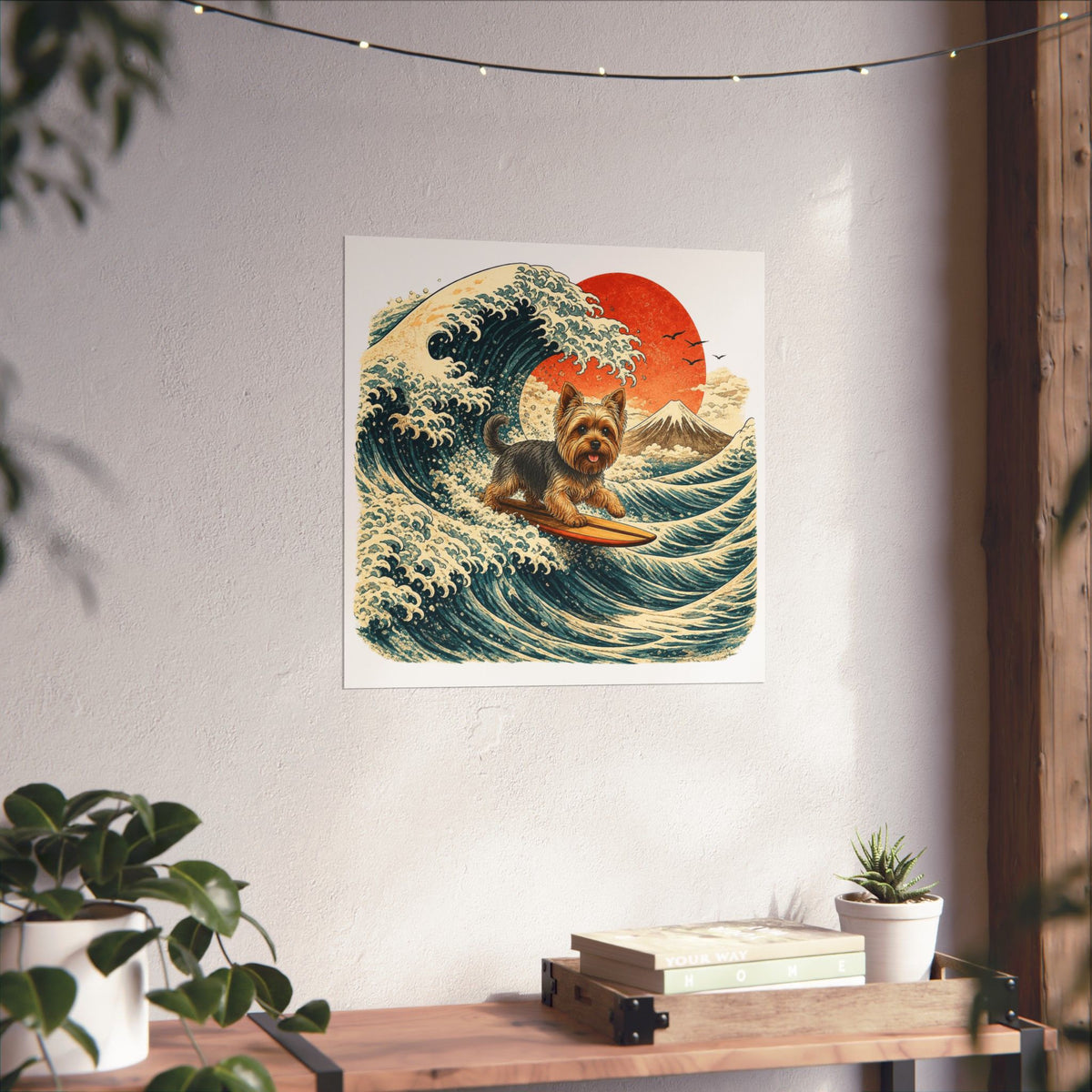 Surfing Yorkie Poster — Vintage Wave Art Matte Vertical Print