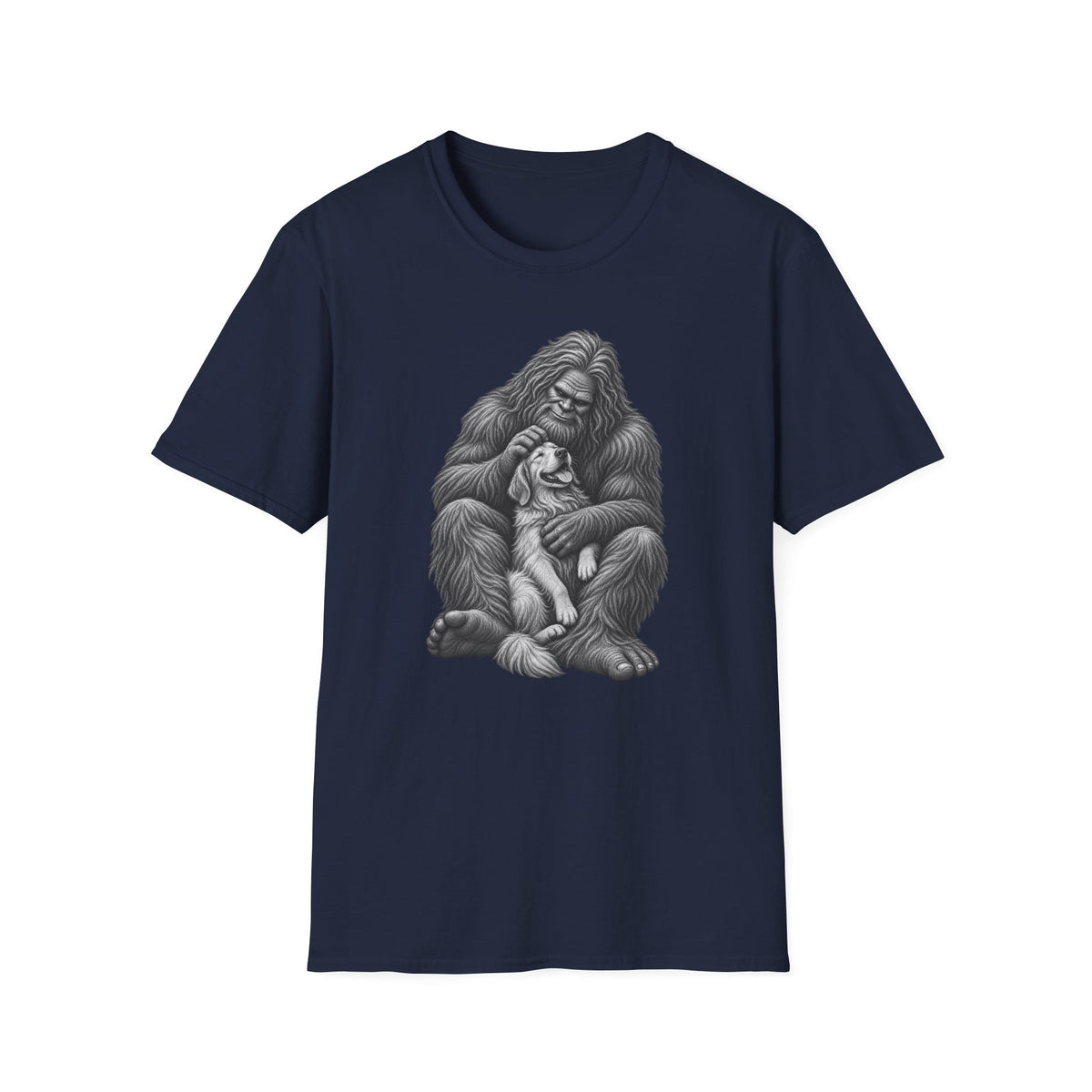Bigfoot & Puppy Tee — Gentle Sasquatch Holding Dog Graphic T-Shirt